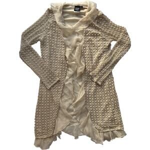 Sharon Young Ruffle Waterfall Crochet Cardigan Beige Cream Long Sleeve Sz S